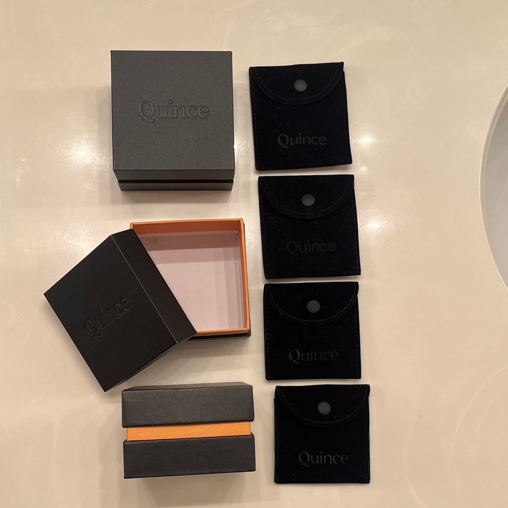 Quince Black Velvet Jewelry Pouches with Orange-Lined Gift Boxes